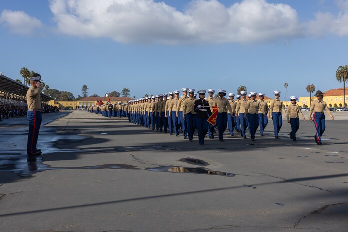 U.S. Marines with Charlie Company, 1st Recruit Training Battalion, march in formation during a graduation ceremony at Marine Corps Recruit Depot San Diego, California, Dec. 13, 2024. Graduation took place at the completion of the 13-week transformation, which included training for drill, marksmanship, basic combat skills, and Marine Corps customs and traditions. (U.S. Marine Corps photo by Lance Cpl. Jacob B. Hutchinson)