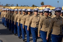 U.S. Marines with Charlie Company, 1st Recruit Training Battalion, march in formation during a graduation ceremony at Marine Corps Recruit Depot San Diego, California, Dec. 13, 2024. Graduation took place at the completion of the 13-week transformation, which included training for drill, marksmanship, basic combat skills, and Marine Corps customs and traditions. (U.S. Marine Corps photo by Lance Cpl. Jacob B. Hutchinson)