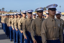 U.S. Marines with Charlie Company, 1st Recruit Training Battalion, march in formation during a graduation ceremony at Marine Corps Recruit Depot San Diego, California, Dec. 13, 2024. Graduation took place at the completion of the 13-week transformation, which included training for drill, marksmanship, basic combat skills, and Marine Corps customs and traditions. (U.S. Marine Corps photo by Lance Cpl. Jacob B. Hutchinson)
