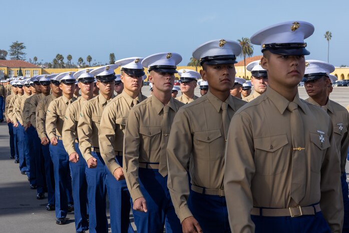 U.S. Marines with Charlie Company, 1st Recruit Training Battalion, march in formation during a graduation ceremony at Marine Corps Recruit Depot San Diego, California, Dec. 13, 2024. Graduation took place at the completion of the 13-week transformation, which included training for drill, marksmanship, basic combat skills, and Marine Corps customs and traditions. (U.S. Marine Corps photo by Lance Cpl. Jacob B. Hutchinson)