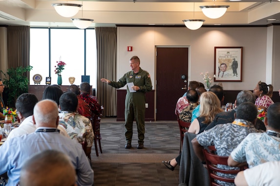 Adm. Samuel J. Paparo, commander of U.S. Indo-Pacific Command, speaks with 36 senior U.S. and international military and civilian officials at USINDOPACOM headquarters for the Daniel K. Inouye-Asia Pacific Center for Security Studies’ Transnational Security Cooperation Course 24-2, Dec. 12, 2024.