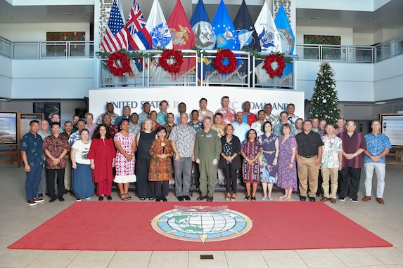 Adm. Samuel J. Paparo, center, commander of U.S. Indo-Pacific Command, hosts 36 senior U.S. and international military and civilian officials at USINDOPACOM headquarters for the Daniel K. Inouye-Asia Pacific Center for Security Studies’ Transnational Security Cooperation Course 24-2, Dec. 12, 2024.