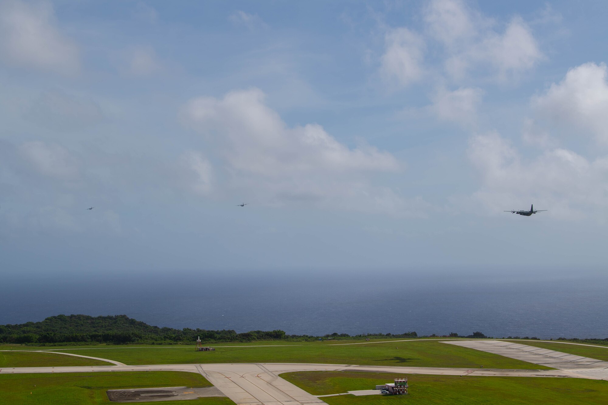 Three planes take off together.