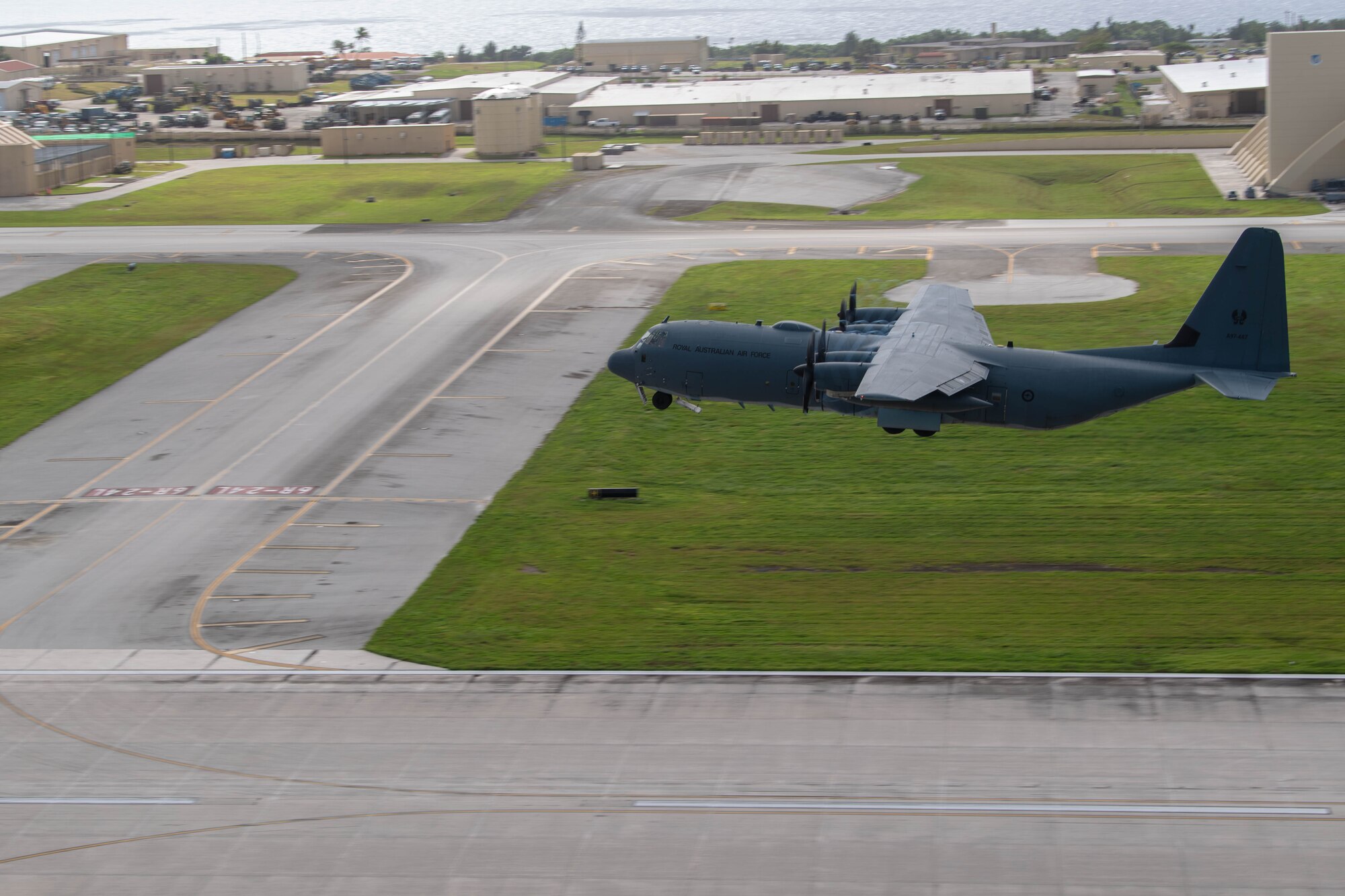 A plane takes flight.