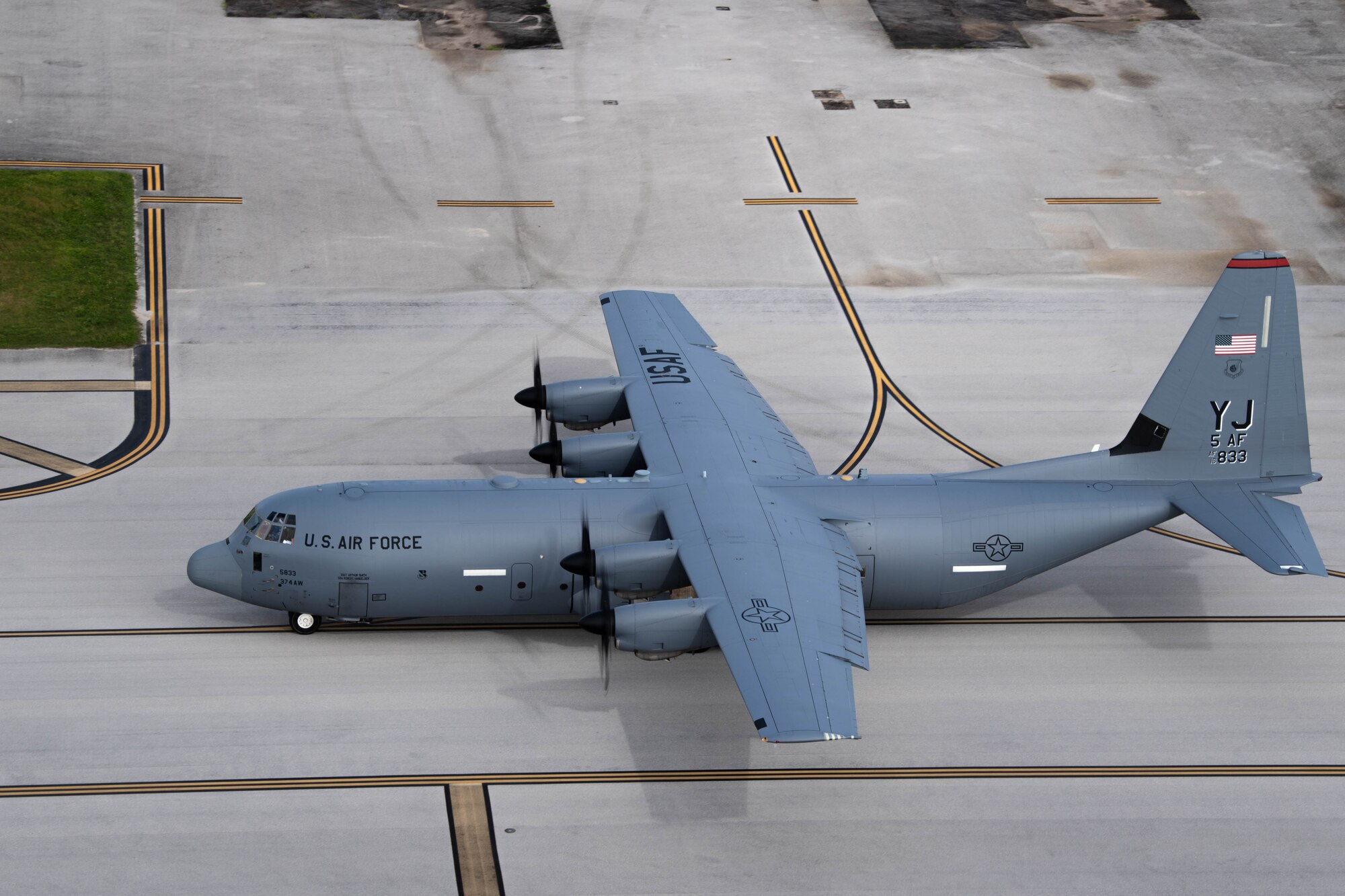 A plane drives on a flight line.