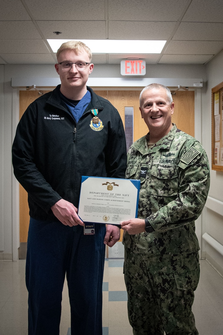 Hospital Corpsman Third Class Ty Hunziker receives the Navy and Marine Corps Achievement Medal for his service aboard Naval Health Clinic Cherry Point from October to December 2024.

Hunziker, who is currently assigned to Naval Hospital Jacksonville, volunteered to serve as a Surgical Technologist in the Cherry Point clinic’s Ambulatory Procedure Unit.  During that, he trained two new Surgical Technicians and completed over 100 surgical cases.