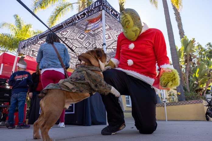 U.S. Marine Corps Lance Cpl. Bruno, the Marine Corps Recruit Depot San Diego and the Western Recruiting Region mascot, meets the Grinch at the Holiday Express event at Marine Corps Recruit Depot San Diego, California, Dec. 7, 2024. The Holiday Express is an annual event held at the Depot to bring holiday cheer to Marines, civilian employees and their families with crafts, music, opportunity drawings and more. (U.S. Marine Corps photo by Cpl. Alexander O. Devereux)