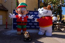 U.S. Marine Corps Lance Cpl. Bruno, the Marine Corps Recruit Depot San Diego and the Western Recruiting Region mascot, poses with some holiday characters at the Holiday Express event at Marine Corps Recruit Depot San Diego, California, Dec. 7, 2024. The Holiday Express is an annual event held at the Depot to bring holiday cheer to Marines, civilian employees and their families with crafts, music, opportunity drawings and more. (U.S. Marine Corps photo by Cpl. Alexander O. Devereux)