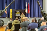 Matthew Serowka 1st Sgt. of Hotel Company, Recruit Sustainment Program addressed the crowd at a retirement ceremony for Captain Clayton Riley.