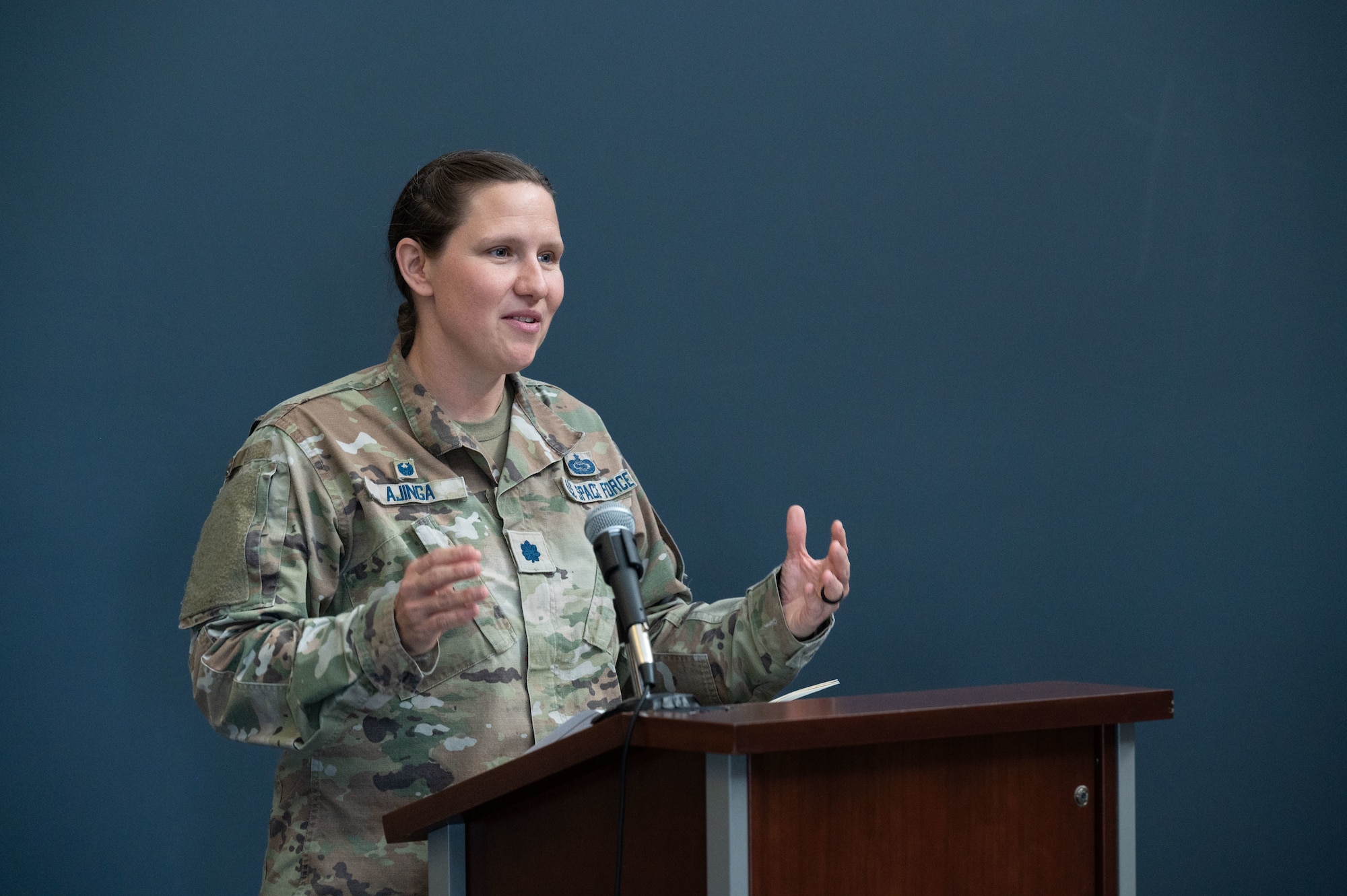 U.S. Space Force Lt. Col. Bridget Ajinga, 37th Tactical Intelligence Squadron provides remarks during the 37th Tactical Intelligence Squadron activation ceremony, Nov. 15, 2024 at Peterson Space Force Base, Colorado. The 37th TIS, which aligns under Mission Delta 3 – Electromagnetic Warfare, is the first intelligence squadron under the mission delta construct that integrates intelligence, cyber, and sustainment within mission deltas.