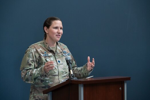  U.S. Space Force Lt. Col. Bridget Ajinga, 37th Tactical Intelligence Squadron provides remarks during the 37th Tactical Intelligence Squadron activation ceremony, Nov. 15, 2024 at Peterson Space Force Base, Colorado. The 37th TIS, which aligns under Mission Delta 3 – Electromagnetic Warfare, is the first intelligence squadron under the mission delta construct that integrates intelligence, cyber, and sustainment within mission deltas.