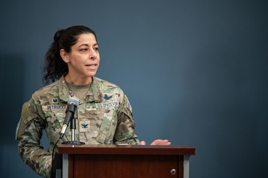  U.S. Space Force Col. Nicole Petrucci, Mission Delta 3 commander, provides remarks during the 37th Tactical Intelligence Squadron activation ceremony, Nov. 15, 2024, at Peterson Space Force Base, Colorado. The 37th TIS, which aligns under Mission Delta 3 – Electromagnetic Warfare, is the first intelligence squadron under the mission delta construct that integrates intelligence, cyber, and sustainment within mission deltas.