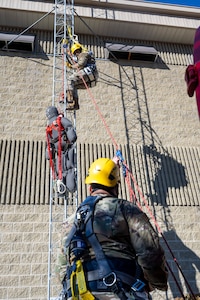 Radar, airfield and weather systems specialists with the 266th Range Squadron, a geographically separated unit of the 124th Fighter Wing, Idaho Air National Guard, complete tower climbing training on Mountain Home Air Force Base, Idaho, Dec. 10, 2024. Tower climbing is vital to maintain communication systems at the Saylor Creek Bombing Range, Mountain Home AFB and other military operating areas in Southern Idaho.