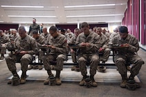 U.S. Marine Corps recruits with Bravo Company, 1st Recruit Training Battalion, conduct the written portion of exam one on tablets at Marine Corps Recruit Depot San Diego, California, Dec. 11, 2024. Following the knowledge exam, now taken on tablets in an effort to modernize the Marine Corps, recruits are evaluated on tactical combat casualty care, and how to disassemble and reassemble their M16A4 service rifles as taught throughout the duration of recruit training. Recruits have several opportunities to practice before exam one and the practical application test. (U.S. Marine Corps photo by Lance Cpl. Eric Valerio)