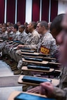 U.S. Marine Corps recruits with Bravo Company, 1st Recruit Training Battalion, conduct their written portion of exam one at Marine Corps Recruit Depot San Diego, California, Dec. 11, 2024. Following the knowledge exam, now taken on tablets in an effort to modernize the Marine Corps, recruits are evaluated on tactical combat casualty care, and how to disassemble and reassemble their M16A4 service rifles as taught throughout the duration of recruit training. Recruits have several opportunities to practice before exam one and the practical application test. (U.S. Marine Corps photo by Lance Cpl. Eric Valerio)