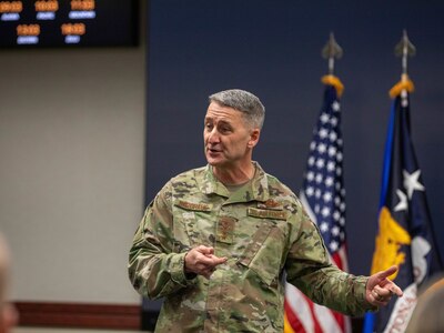 Air Force Gen. Steve Nordhaus, chief, National Guard Bureau, addresses nearly nearly 30 officers at the O-6 level and above, from 50 states, three territories, and the District of Columbia, and active-duty components from across the country during the Dual Status Command Training Course, at the North American Aerospace Defense Command and U.S. Northern Command headquarters on Peterson Space Force Base, Colo., Dec. 13, 2024.