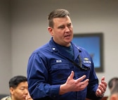 Air Force Gen. Steve Nordhaus, chief, National Guard Bureau, addresses nearly nearly 30 officers at the O-6 level and above, from 50 states, three territories, and the District of Columbia, and active-duty components from across the country during the Dual Status Command Training Course, at the North American Aerospace Defense Command and U.S. Northern Command headquarters on Peterson Space Force Base, Colo., Dec. 13, 2024.