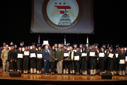 Cadets of the Capital Guardian Youth Challenge Academy Class 63 receive their diplomas upon completion of a 22 week-long “quasi-military" course, during a residential phase commencement ceremony at the University of the District of Columbia, Dec.13, 2024. Since 2013, the mission of the program is to intervene in and reclaim the lives of at-risk youth, and produce program graduates with the values, skills, education, and self-discipline necessary to succeed as adults.