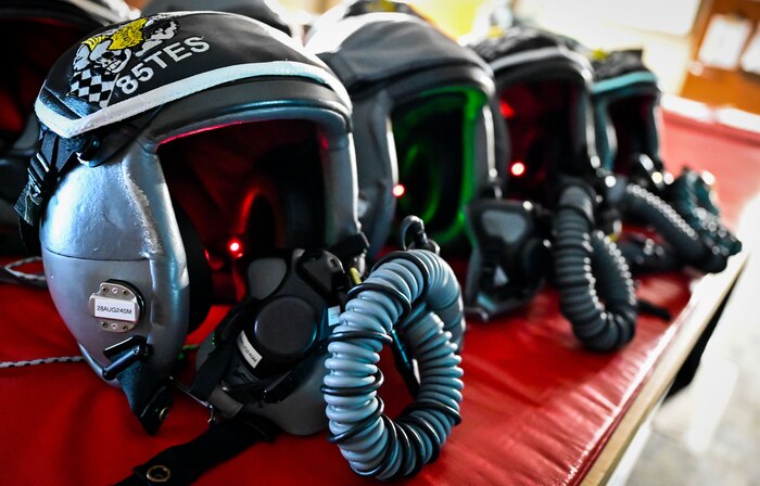 Inflight physiologic monitoring systems [SPYDR] light up and prepare to collect physiological data in flight with the 85th Test and Evaluation Squadron at Eglin Air Force Base, Florida, August 6, 2024. The human performance testing focused on analyzing the effects of long duration flights on aircrew performance, gathering real-time data directly from pilots before, during and after flight. (U.S. Air Force photo by 1st Lt. Rebecca Abordo)