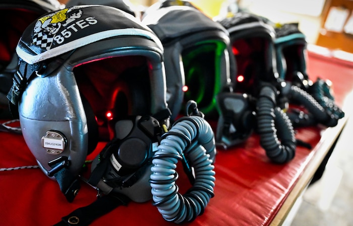Inflight physiologic monitoring systems [SPYDR] light up and prepare to collect physiological data in flight with the 85th Test and Evaluation Squadron at Eglin Air Force Base, Florida, August 6, 2024. The human performance testing focused on analyzing the effects of long duration flights on aircrew performance, gathering real-time data directly from pilots before, during and after flight. (U.S. Air Force photo by 1st Lt. Rebecca Abordo)