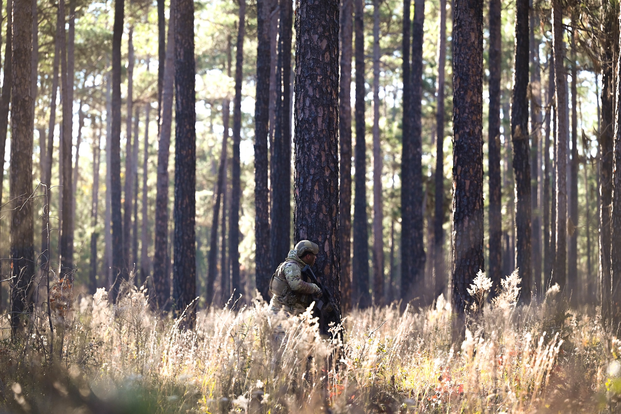 An Airman takes cover behind a tree.