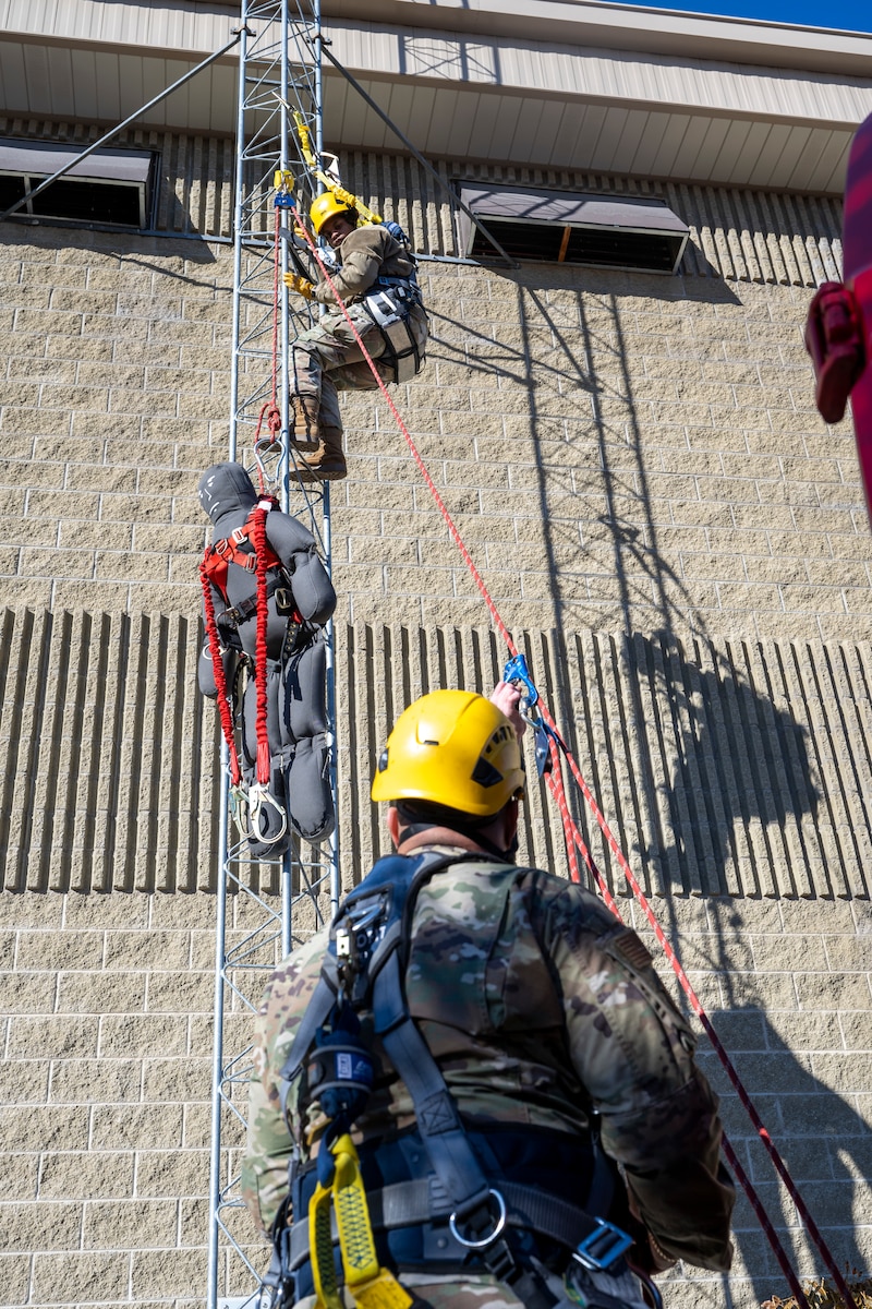 Radar, airfield and weather systems specialists with the 266th Range Squadron, a geographically separated unit of the 124th Fighter Wing, Idaho Air National Guard, complete tower climbing training on Mountain Home Air Force Base, Idaho, Dec. 10, 2024. Tower climbing is vital to maintain communication systems at the Saylor Creek Bombing Range, Mountain Home AFB and other military operating areas in Southern Idaho.