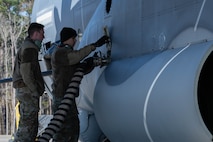 U.S. Airmen assigned to the 4th Special Operations Maintenance Squadron prepare an AC-130J Ghostrider gunship for a vapor purge test at Hurlburt Field, Florida, Dec. 4, 2024.