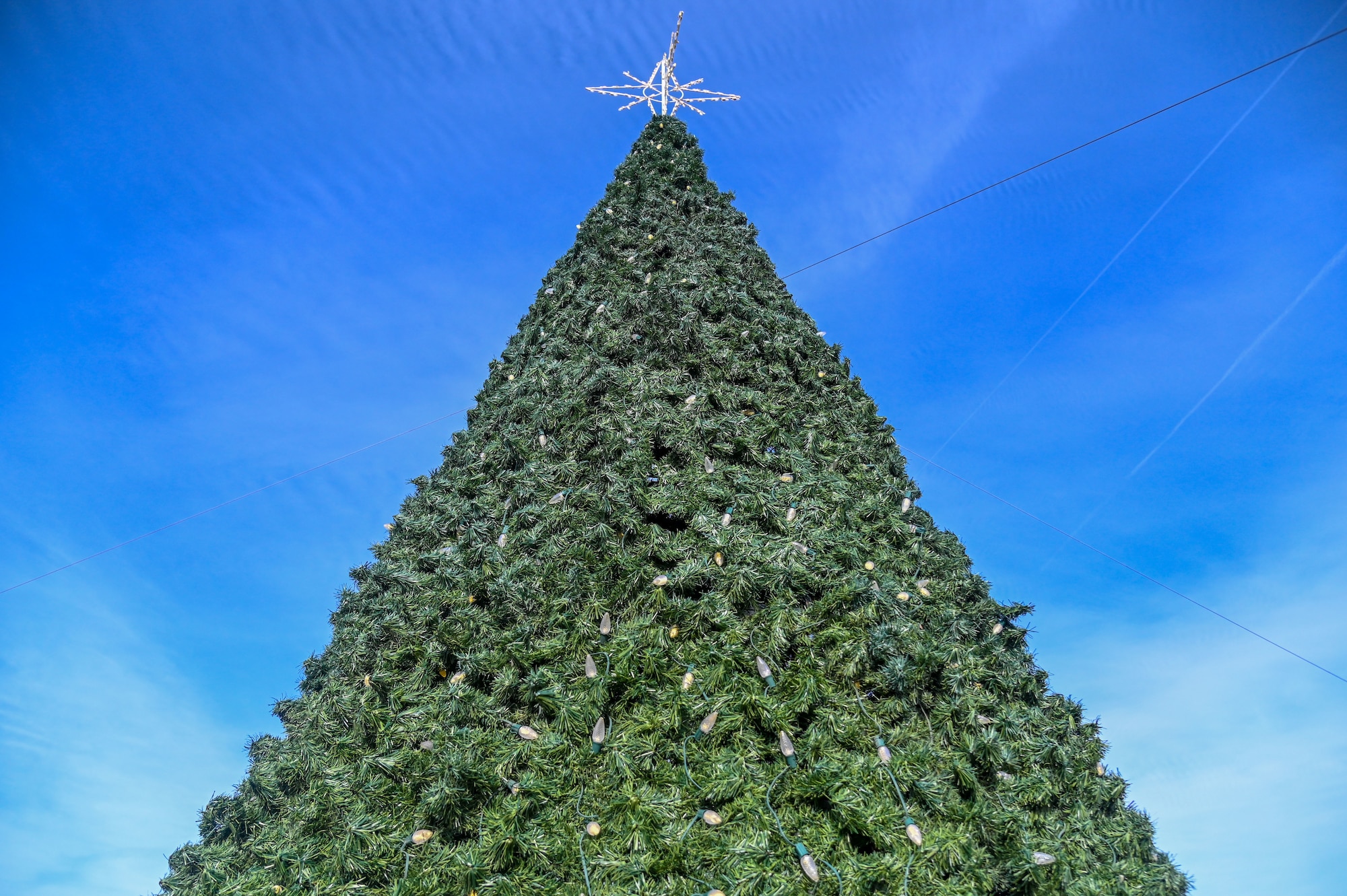 The base Christmas tree stands on the parade field at Goodfellow Air Force Base, Texas, Dec. 12, 2024. During the tree-lighting ceremony, children and their families participated in various festive activities, such as decorating cookies, writing letters to Santa, and capturing memorable photos with St. Nick, who made a grand entrance on a fire truck.
(U.S. Air Force photo by Airman 1st Class James Salellas)