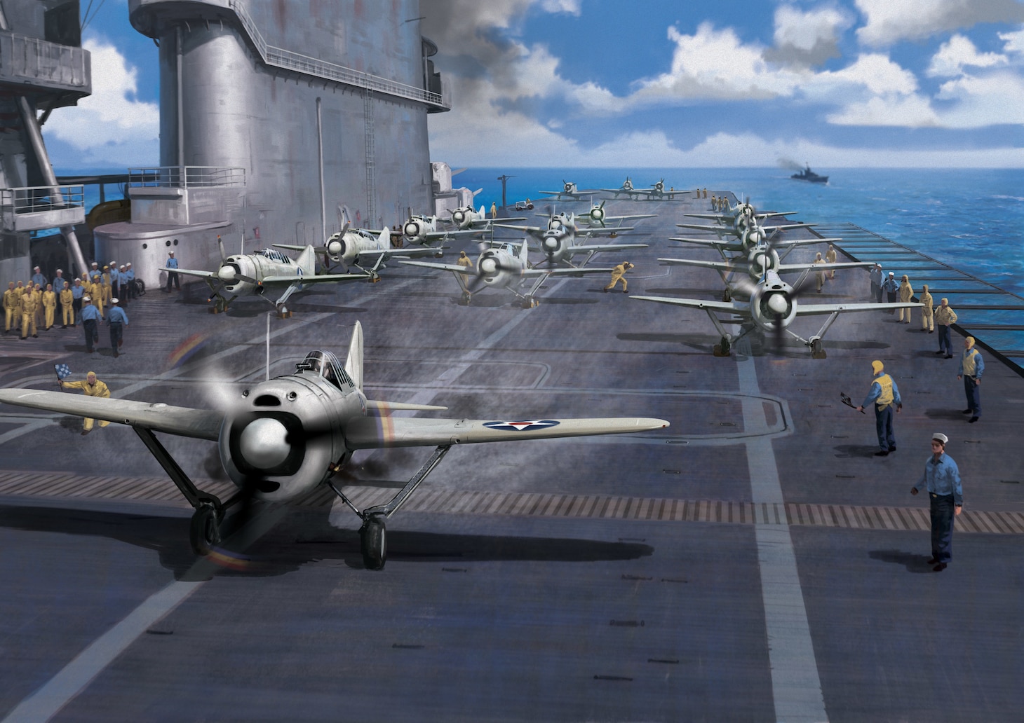 In a very unusual and rare depiction of an important post-Pearl Harbor event, which the artist has labeled “Buffalo Run,” a flight deck is shown loaded with 18 Brewster F2A-3 Buffalos of Marine Corps fighter squadron VMF-221 on the flight deck of the carrier USS Saratoga (CV 3), originally on the way to relieve the decimated squadron VMF-211, which had been flying Grumman F4F-3 Wildcats from beleaguered Wake Island. When delays at Pearl and later rough seas delayed the carrier’s departure and progress, Adm. William Pye, in temporary command of the Pacific Fleet, ordered the Sara to turn around, perhaps keeping the air-Marines from further defending Wake, which the Japanese succeeded in taking. In the event, Sara launched 14 of the Buffalos toward Midway Island, where they became part of the defending force against the major Japanese attack on June 4. Artist Edouard A. Groult’s illustration shows the lead fighter already beginning its takeoff roll while the flight deck crew readies the other Brewsters for their launch. Behind, at the aft end of the flight deck, three SBD Dauntless dive bombers wait their turn while a plane guard destroyer is on station aft of the carrier.