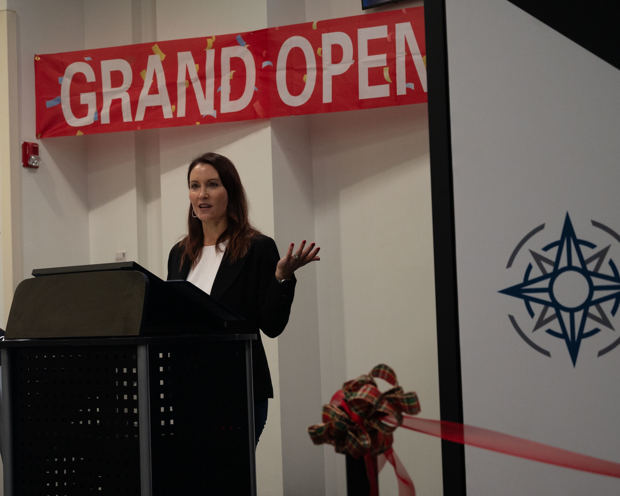 Dr. Janell MacAulay, mindful leadership speaker, provides remarks at the MindGym ribbon cutting ceremony at Joint Base McGuire-Dix-Lakehurst, N.J., Dec. 11, 2024. The MindGym, located in the McGuire Fitness Center, is designed to help service members strengthen their mental fitness and marks a significant milestone in the joint base’s efforts to address the holistic wellness of its personnel. (U.S. Air Force photo by Susan Moriarty)