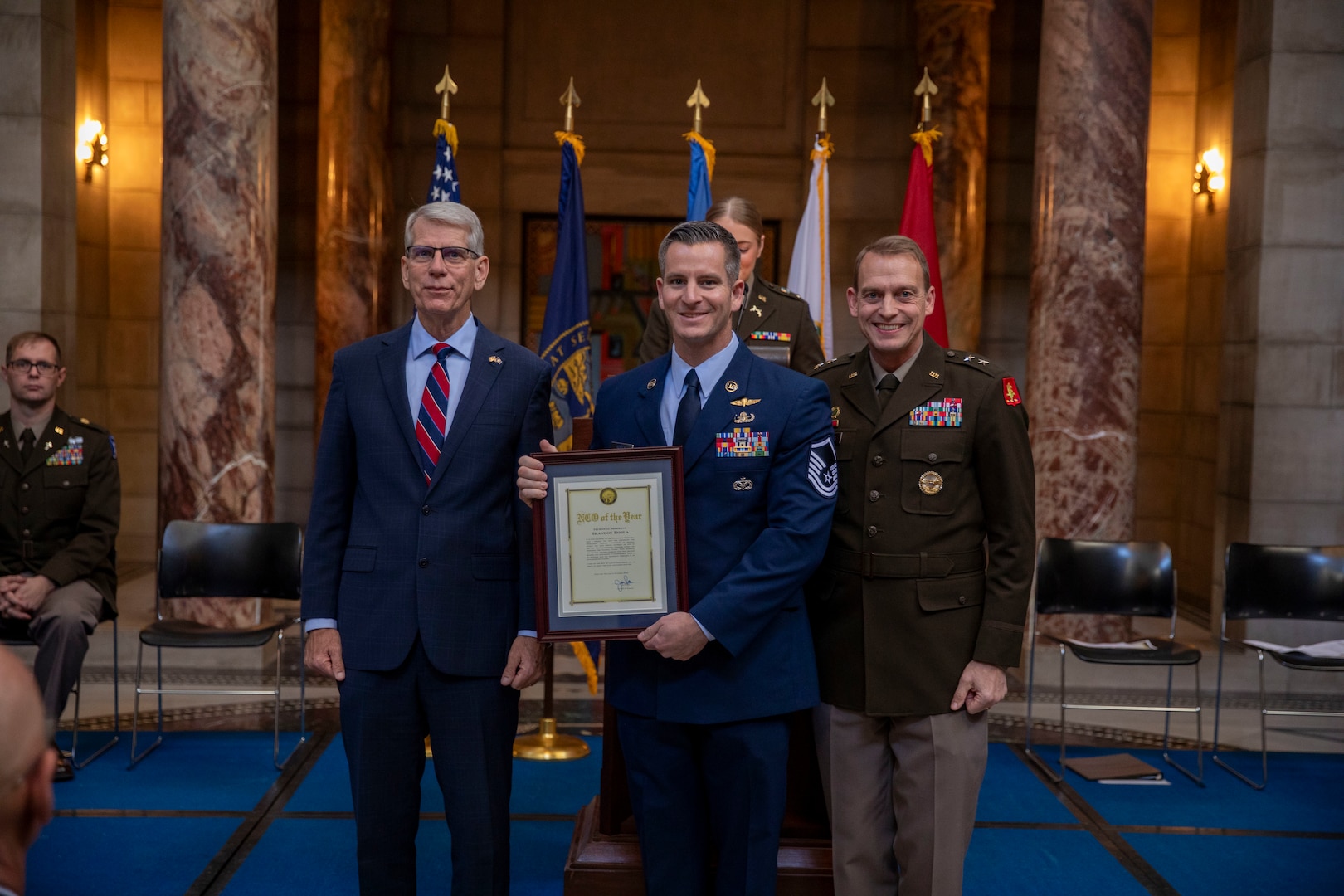 Nebraska Lieutenant Governor Joe Kelly, Maj. Gen. Craig Strong, Civilian Aide to the Secretary of the Army Richard Burch, and many others helped the National Guard celebrate its 388th birthday, on Friday, Dec. 13, 2024, during a ceremony at the Nebraska State Capitol in Lincoln, Nebraska.

The ceremony included speeches, a state rollcall of Nebraska National Guard communities, the awarding of the Douglas MacArthur Leadership Award to a Capt. Grant Hewitt, Soldier and Airmen of the Year recognitions, and the ceremonial cutting of the National Guard birthday cake.