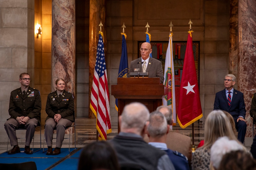 Nebraska Lieutenant Governor Joe Kelly, Maj. Gen. Craig Strong, Civilian Aide to the Secretary of the Army Richard Burch, and many others helped the National Guard celebrate its 388th birthday, on Friday, Dec. 13, 2024, during a ceremony at the Nebraska State Capitol in Lincoln, Nebraska.

The ceremony included speeches, a state rollcall of Nebraska National Guard communities, the awarding of the Douglas MacArthur Leadership Award to a Capt. Grant Hewitt, Soldier and Airmen of the Year recognitions, and the ceremonial cutting of the National Guard birthday cake.