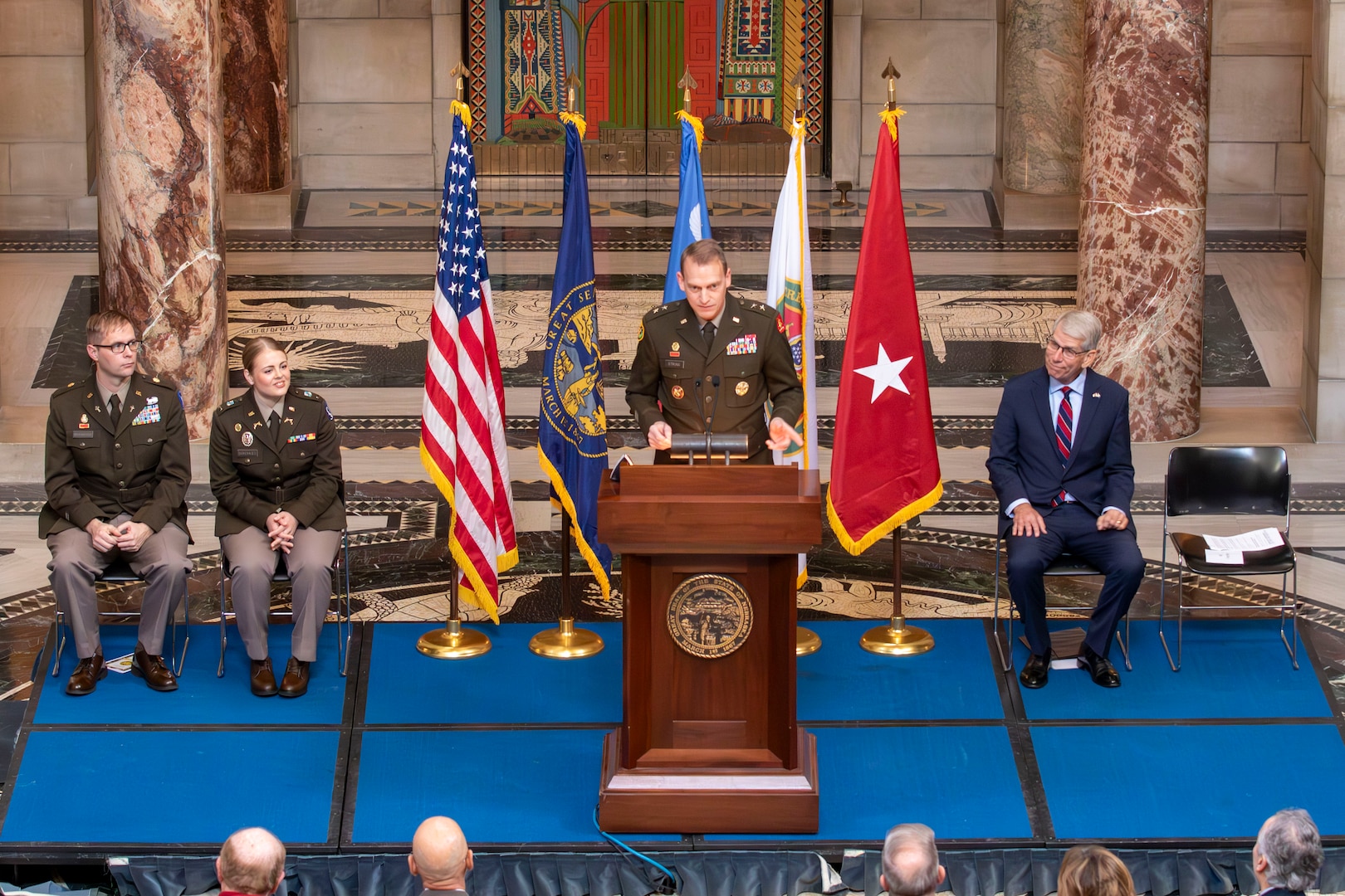 Nebraska Lieutenant Governor Joe Kelly, Maj. Gen. Craig Strong, Civilian Aide to the Secretary of the Army Richard Burch, and many others helped the National Guard celebrate its 388th birthday, on Friday, Dec. 13, 2024, during a ceremony at the Nebraska State Capitol in Lincoln, Nebraska.

The ceremony included speeches, a state rollcall of Nebraska National Guard communities, the awarding of the Douglas MacArthur Leadership Award to a Capt. Grant Hewitt, Soldier and Airmen of the Year recognitions, and the ceremonial cutting of the National Guard birthday cake.