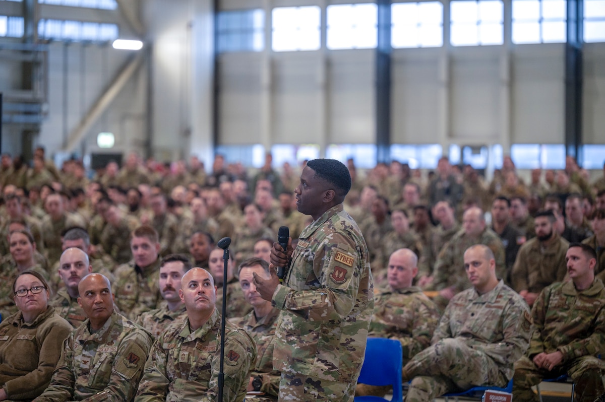 Military member speaks during all-call
