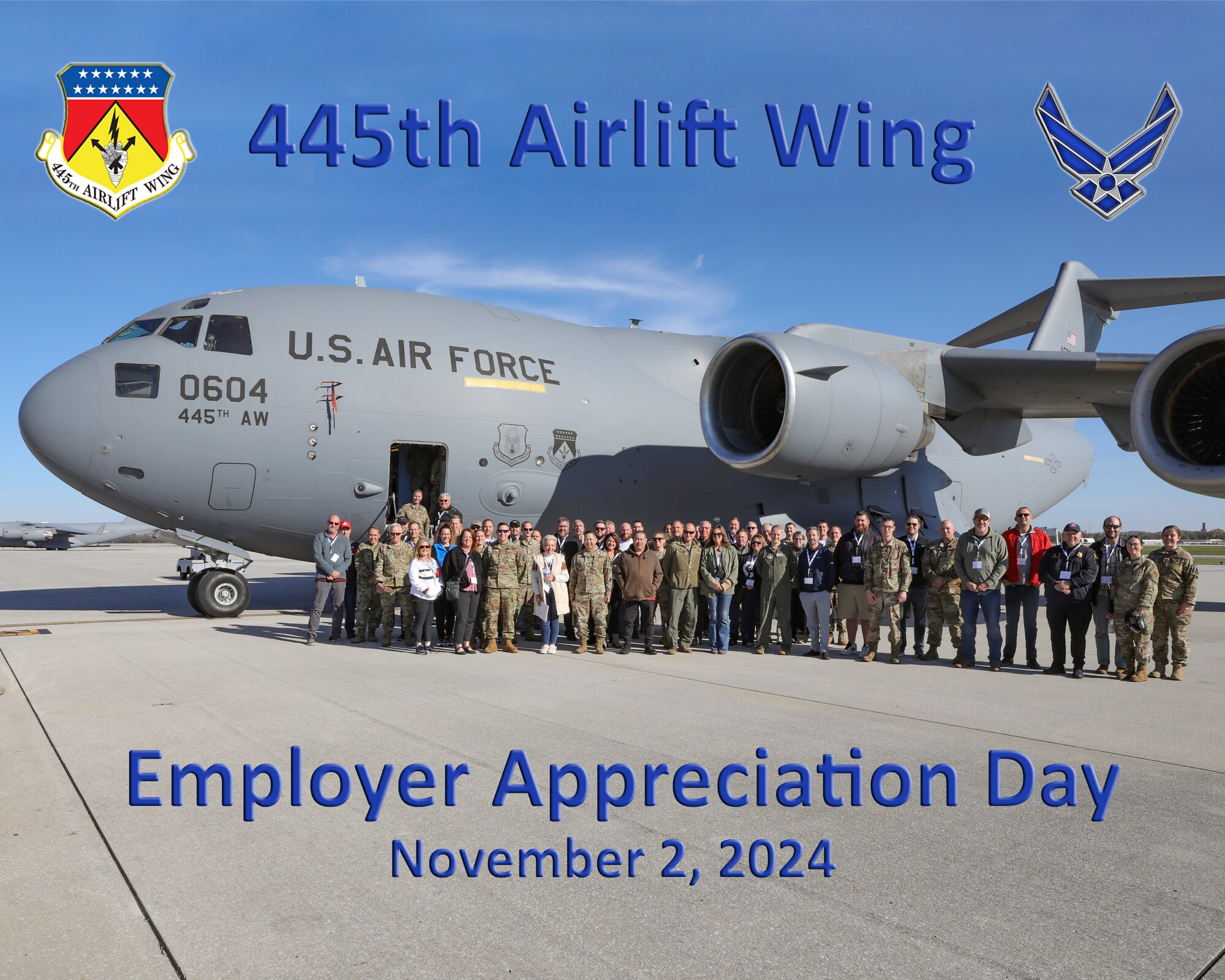 The 445th Airlift Wing hosted more than 40 civilian employers for an Employer Appreciation Day Nov. 2, 2024, at Wright-Patterson Air Force Base, Ohio. The employers came from locations to include Michigan, Kentucky, Tennessee, Indiana and various parts of Ohio to see exactly where their Air Force reservist employees work and what they do on unit training assembly weekends. (U.S. Air Force photo illustration by Master Sgt. Patrick O'Reilly)