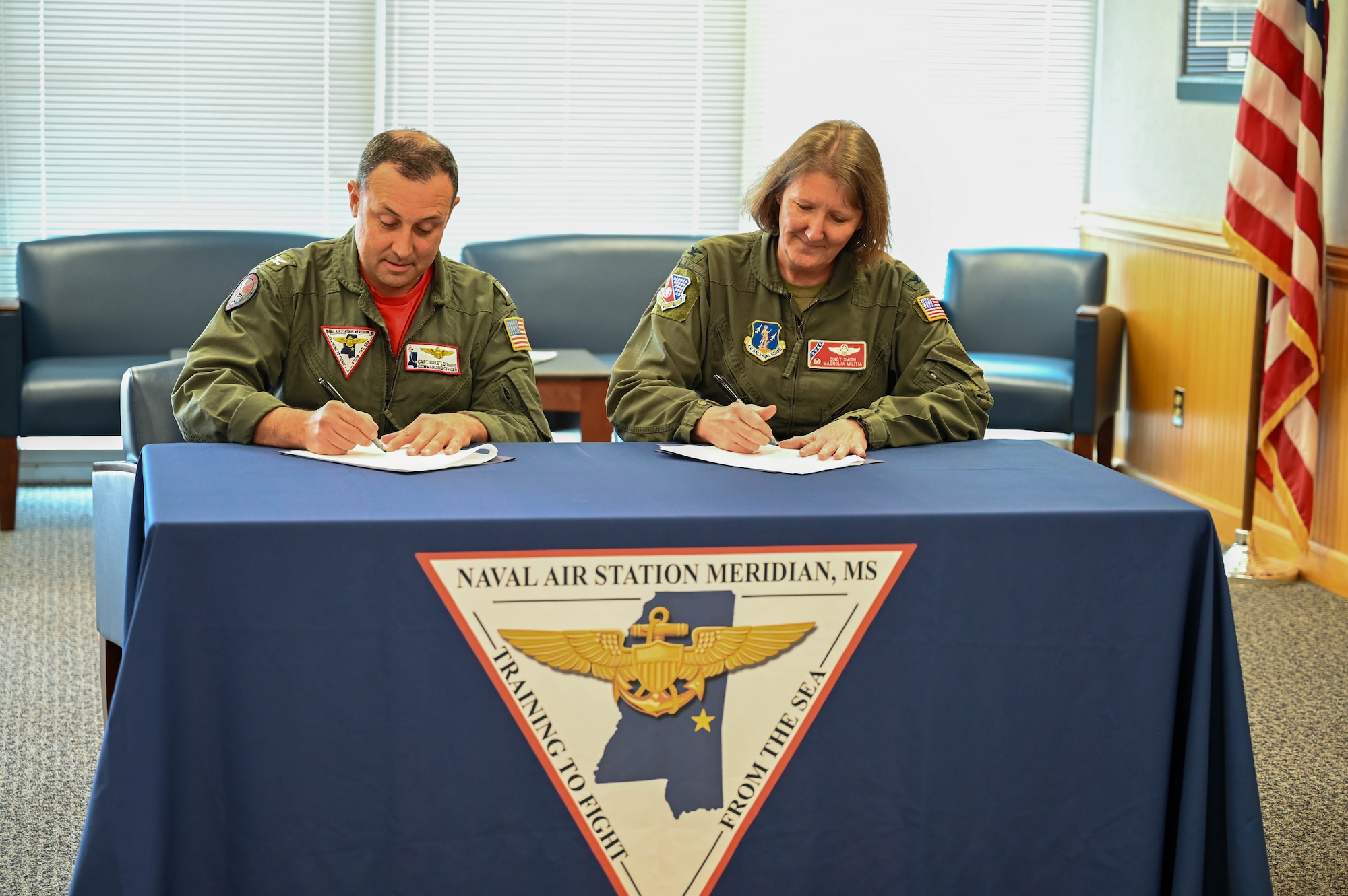 186th Air Refueling Wing (ARW) Commander, Col. Cynthia Smith and Naval Air Station (NAS) Meridian Commanding Officer, Capt. Luke Davis, signed the first ever Memorandum of Understanding (MOU) between NAS Meridian and the 186 ARW on Dec. 13, 2024, during a press conference at NAS Meridian.