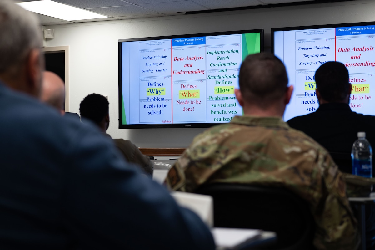 Personnel assigned to Goodfellow Air Force Base familiarize themselves with problem identification during the Practical Problem-Solving Methodology class at the Military Family Readiness Center, Goodfellow AFB, Texas, Dec. 11, 2024. The PPSM concept provides more efficient problem-solving skills to help save time and minimize resource waste. (U.S. Air Force photo by Airman 1st Class Brian Lummus)