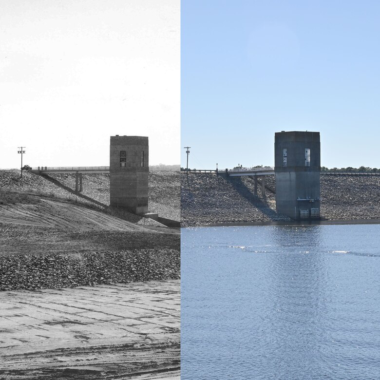 A view of the control structure, 1950’s and today, from Overlook Park at Lake O’ the Pines. The outlet works has two gates that control the amount of water that is discharged from the lake. The discharge controls the level of the lake while providing proper flow to the river below the dam. The lake’s mission is to provide water to the Northeast Texas Municipal Water District and flood risk mitigation to communities along the Red River. (Illustration by Pat Adelmann)