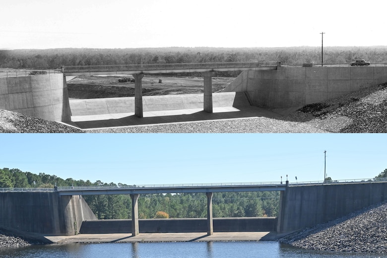 - A view of the emergency spillway, 1950’s and today, from Overlook Park at Lake O’ the Pines. The lake’s mission is to provide water to the Northeast Texas Municipal Water District and flood risk mitigation to communities along the Red River. (Illustration by Pat Adelmann)