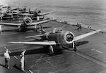SBD-3 Dauntless of Bombing Squadron (VB) 6 preparing for takeoff from USS Enterprise (CV  6) Feb. 24, 1942.