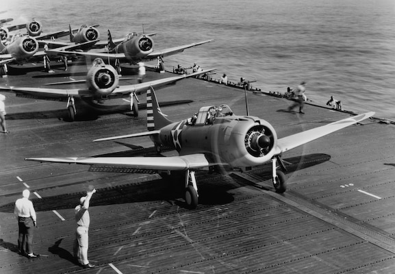 SBD-3 Dauntless of Bombing Squadron (VB) 6 preparing for takeoff from USS Enterprise (CV  6) Feb. 24, 1942.