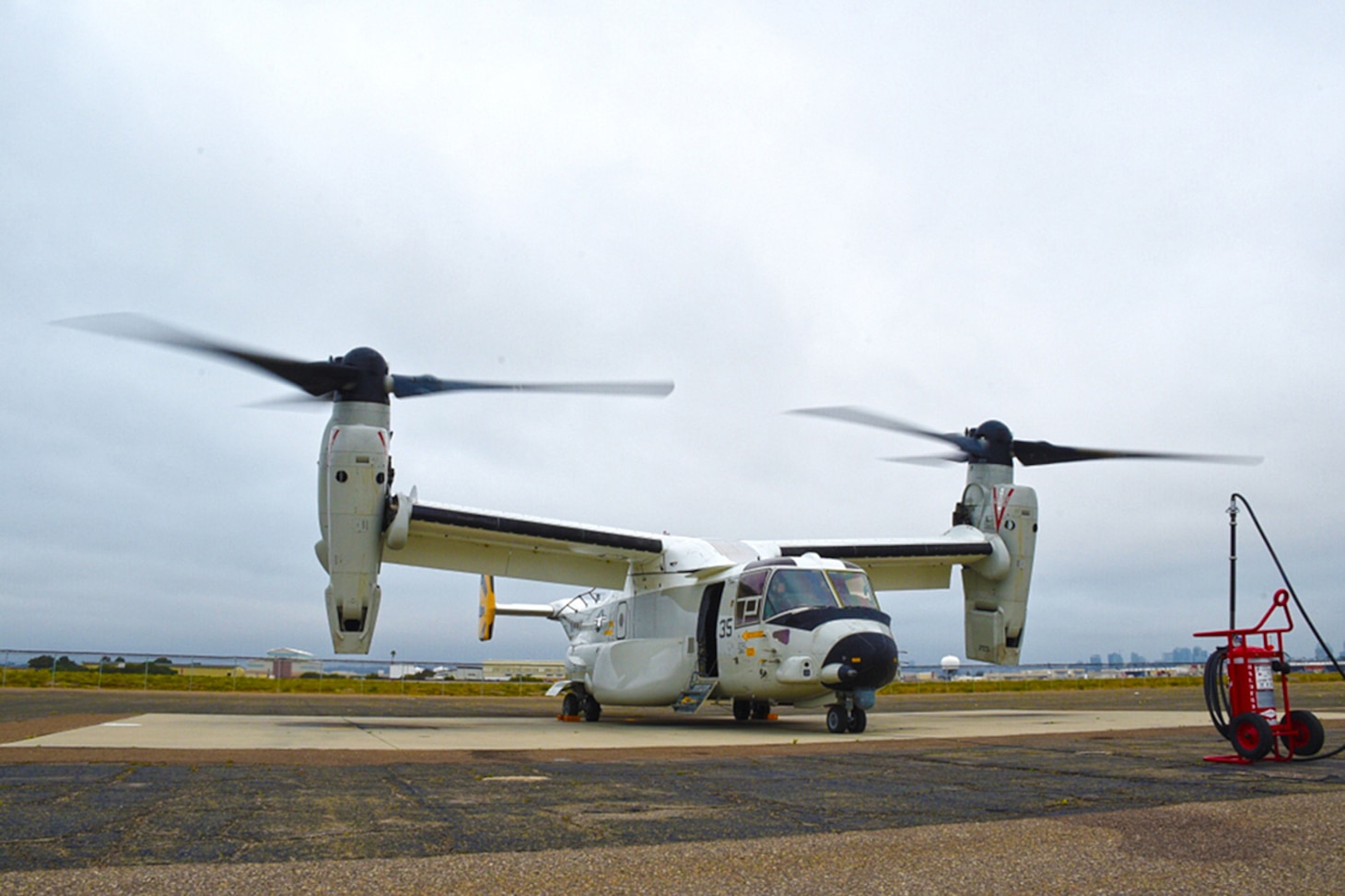 At Naval Air Station North Island, a CMV-22 Osprey undergoes ground turns at the test line. Highly trained artisans at FRCSW perform these critical system tests to ensure the aircraft's operational integrity and readiness. This rigorous phase of the PMI process showcases the attention to detail and advanced capabilities of the maintenance team, underscoring their essential role in maintaining the operational excellence of these sophisticated tiltrotor aircraft.