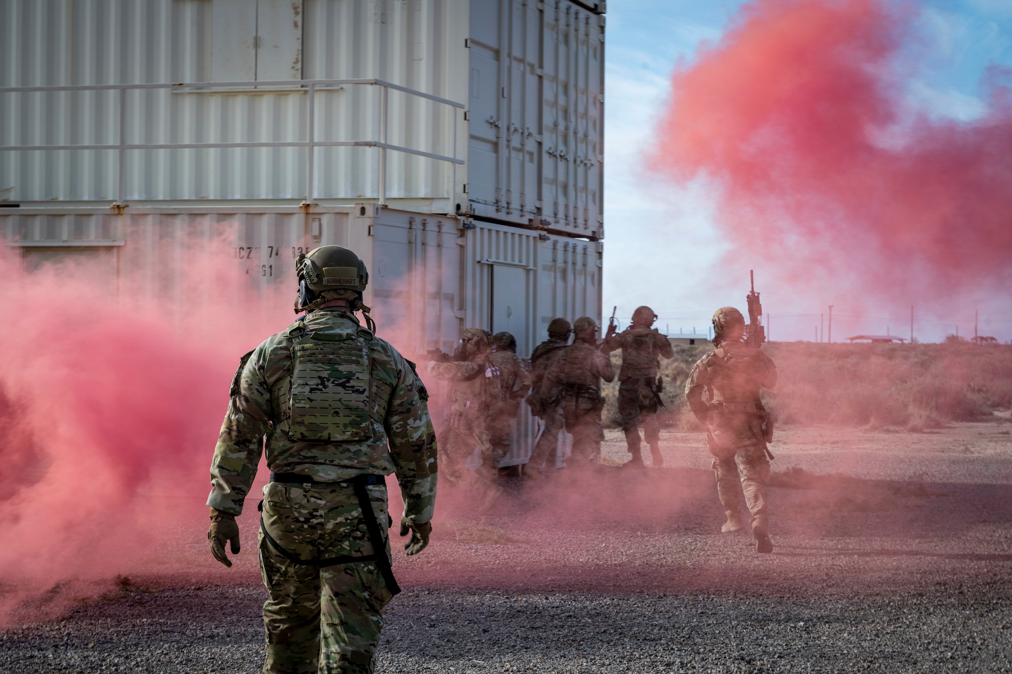 U.S. Air Force Tech. Sgt. Shawn Rhinehart, 49th Security Forces Squadron force protection intelligence noncommissioned officer in charge, oversees a group of patrolmen participating in the "Regulator Rodeo" exercise at Holloman Air Force Base, New Mexico, Dec. 3, 2024. Volunteers from around the 49th Wing participated in the exercise as Opposition Forces to provide a "human factor," testing defenders' adaptability and decision-making under dynamic and high-stress scenarios. (U.S. Air Force photo by Senior Airman Isaiah Pedrazzini)