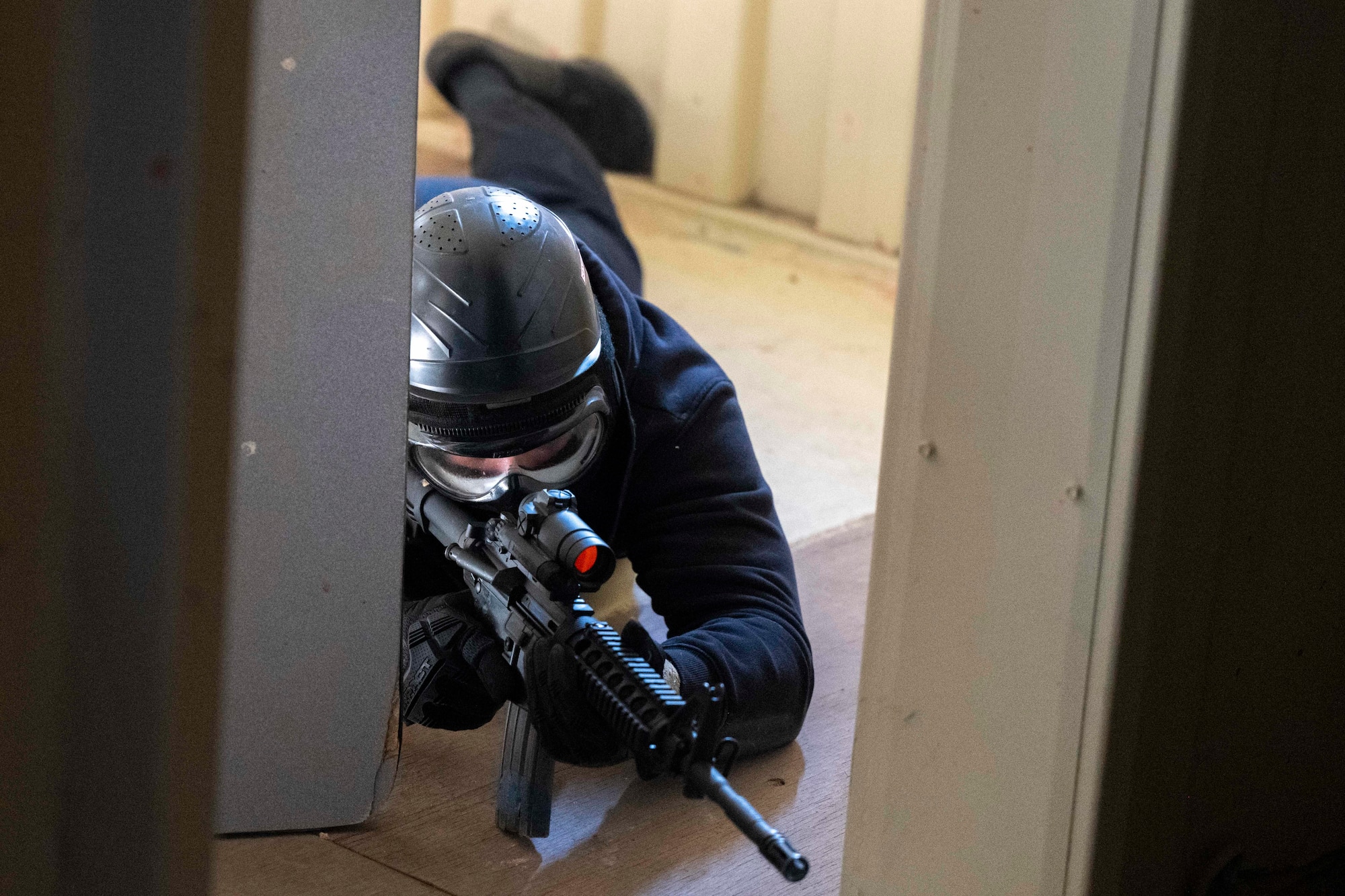 A 49th Wing Airman performs as opposition forces during the Regulator Rodeo exercise at Holloman Air Force Base, New Mexico, Dec. 4, 2024. Airmen from around the wing volunteered to be “OPFOR” during this exercise to help create a realistic training experience emphasizing the "human factor" in combat scenarios. (U.S Air Force photo by Airman Elijah Strickland)