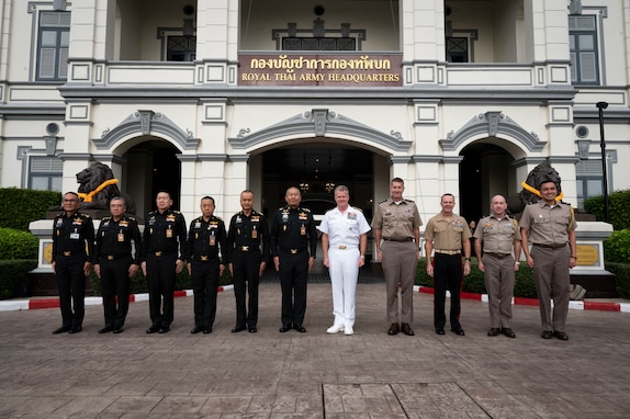 Adm. Samuel J. Paparo, center right, commander of U.S. Indo-Pacific Command, joins Royal Thai Army Commander in Chief Gen. Pana Klaewblaudtuk, center left, for a group photo at the Royal Thai Army Headquarters in Bangkok, Dec. 16, 2024.