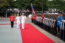 Adm. Samuel J. Paparo, commander of U.S. Indo-Pacific Command, is welcomed by Chief of Defence for the Royal Thai Armed Forces Gen. Songwit Noonpackdee with an honors ceremony at the Royal Thai Armed Forces headquarters in Bangkok, Dec 16, 2024.