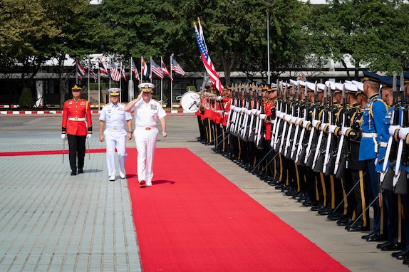 Adm. Samuel J. Paparo, commander of U.S. Indo-Pacific Command, is welcomed by Chief of Defence for the Royal Thai Armed Forces Gen. Songwit Noonpackdee with an honors ceremony at the Royal Thai Armed Forces headquarters in Bangkok, Dec 16, 2024.