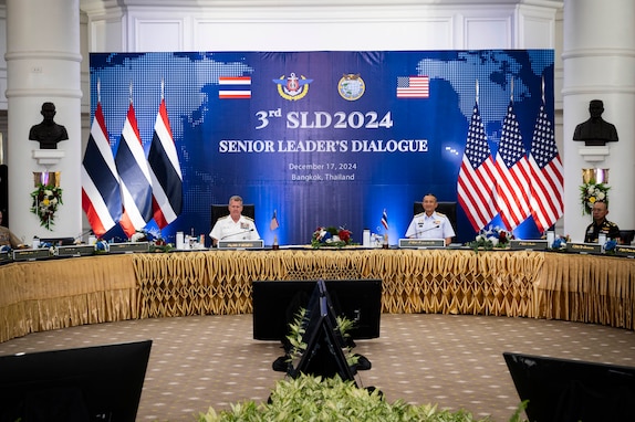 Adm. Samuel J. Paparo, commander of U.S. Indo-Pacific Command, and Chief of Defence for the Royal Thai Armed Forces Gen. Songwit Noonpackdee participate in a Senior Leader Dialogue at the Royal Thai Armed Forces headquarters in Bangkok, Dec. 17, 2024.