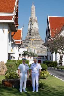 Adm. Samuel J. Paparo, commander of U.S. Indo-Pacific Command, joins Royal Thai Navy Commander in Chief Adm. Jirapol Wongwit for a photo at the Royal Thai Navy headquarters in Bangkok, Dec. 17, 2024.