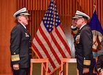 NAVAL BASE KITSAP – BANGOR, Wash. (Nov. 6, 2024) Rear Adm. Thomas Wall, right, salutes Vice Adm. Robert Gaucher, commander, Naval Submarine Forces, while assuming duties and responsibilities as commander, Submarine Group (SUBGRU) 9 in a ceremony at Naval Base Kitsap – Bangor, Nov. 6, 2024. SUBGRU-9 exercises administrative control authority for assigned submarine commands and units in the Pacific Northwest providing oversight for shipboard training, personnel, supply and material readiness of SSBNs and their crews. SUBGRU-9 is also responsible for nuclear powered submarines undergoing conversion or overhaul at Puget Sound Naval Shipyard in Bremerton. (U.S. Navy photo by Mass Communication Specialist 2nd Class Gwendelyn L. Ohrazda)